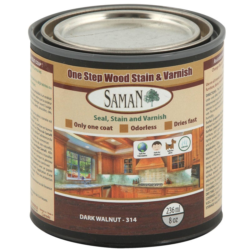 SamaN Interior One Step Wood Seal, Stain and Varnish â€“ Oil Based Odorless Dye - Protection for Furniture and Fine Wood (Dark Walnut SAM-314, 8 oz) - Image 1
